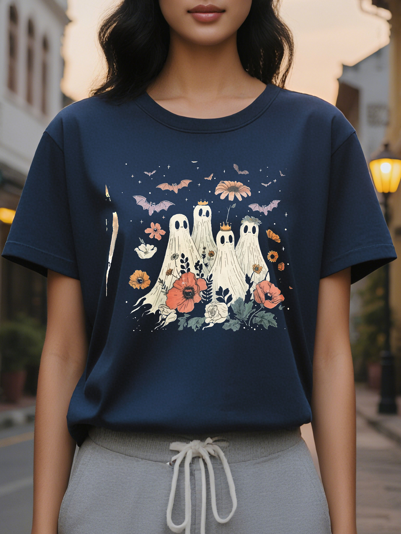 million Holy Festival Women's Casual T-shirt Crown Ghost Flower Bat Pattern soft and breathable round neck