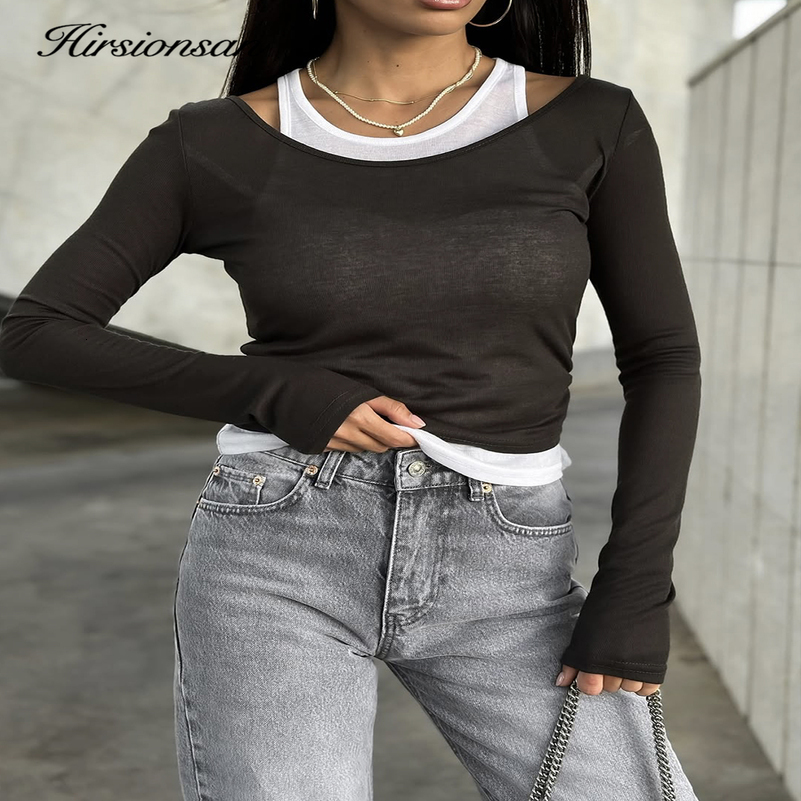Hirsionsan Summer Casual Patchwork Skinny Tshirts Women Modal Soft Long Sleeve Tees Cusual Female Aesthetic Tops 250903