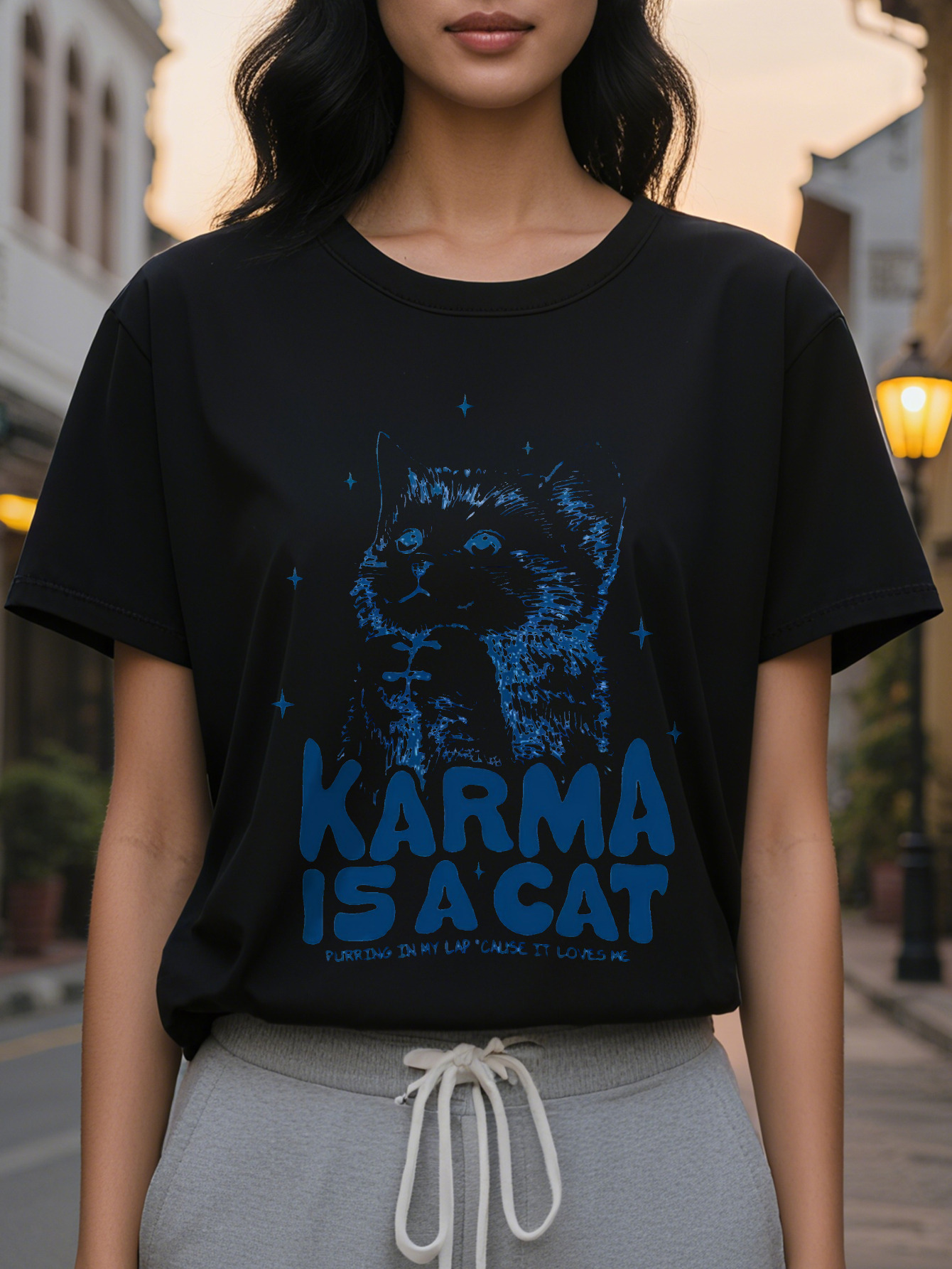 Karma is a cat print spring and summer casual short sleeve T-shirt women's clothing