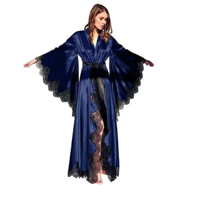 Women Robes Sleepwear Kimono Pajamas Pure Long Black Silk Satin Lace Trim Pography Dress Wedding Bride Gown Po Shoot 250904