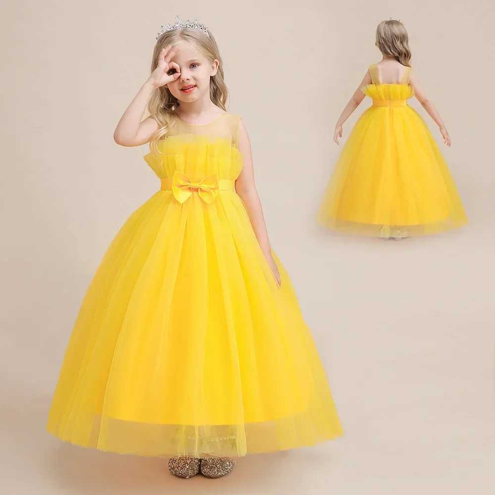 Summer Tulle Pink Party Dresses for Girls Elegant Bow Bridesmaids Princess Wedding Girls Dress First Communion Wedding Prom Gown Z250904