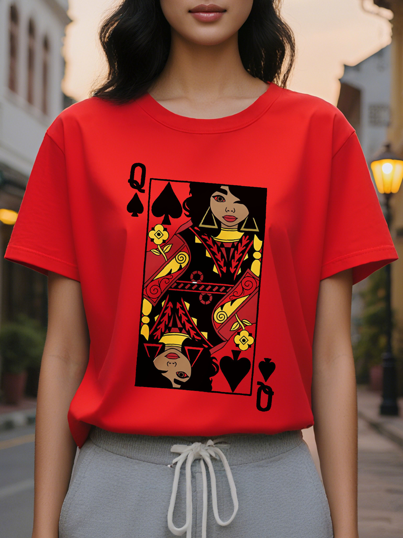 Short Sleeve Cartoon Card Q Print Crew Neck T-Shirt for Spring Summer Casual Women's Clothing