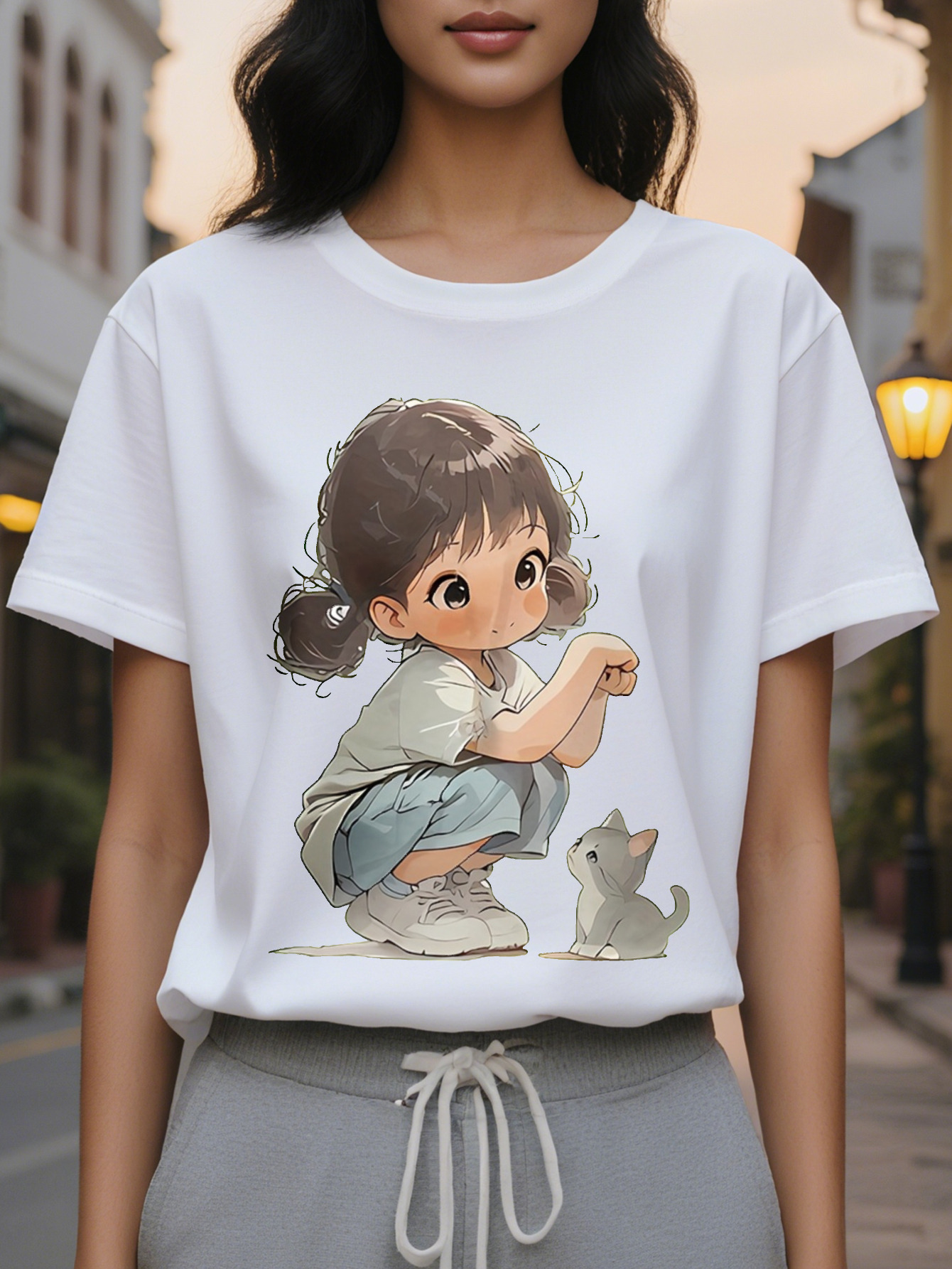 Ladies Lime Green T-Shirt Cute Cat Pattern Short Sleeve Jacket Light And Thin Daily Leisure Summer Beach Clothes Hine