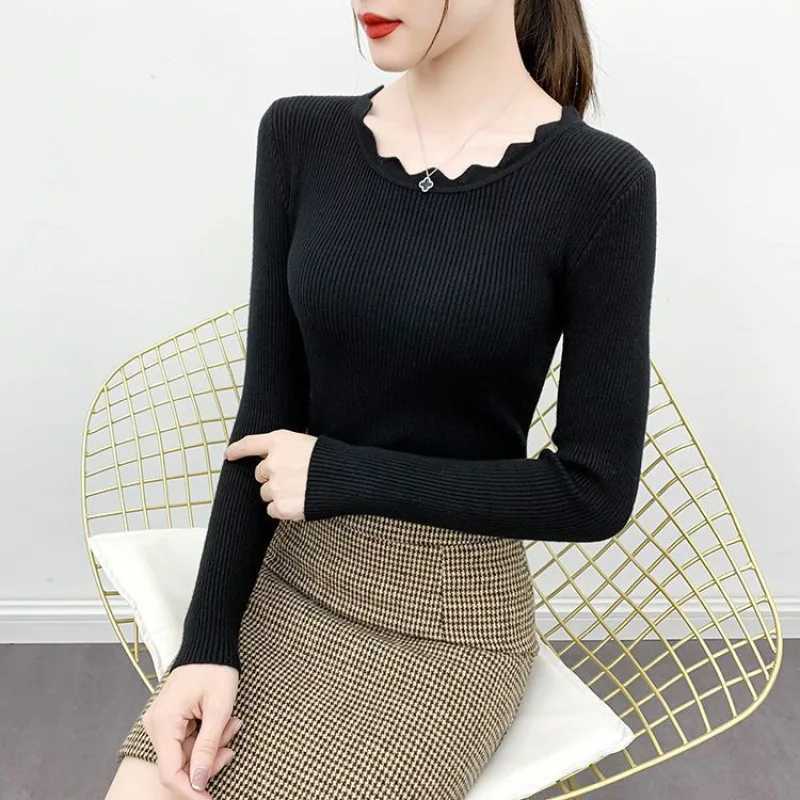 Fashion Long Sleeve Elegant Oneck Women Sweater Autumn Solid Slim Knitted Tops Winter Casual Pullover Jumper M250904