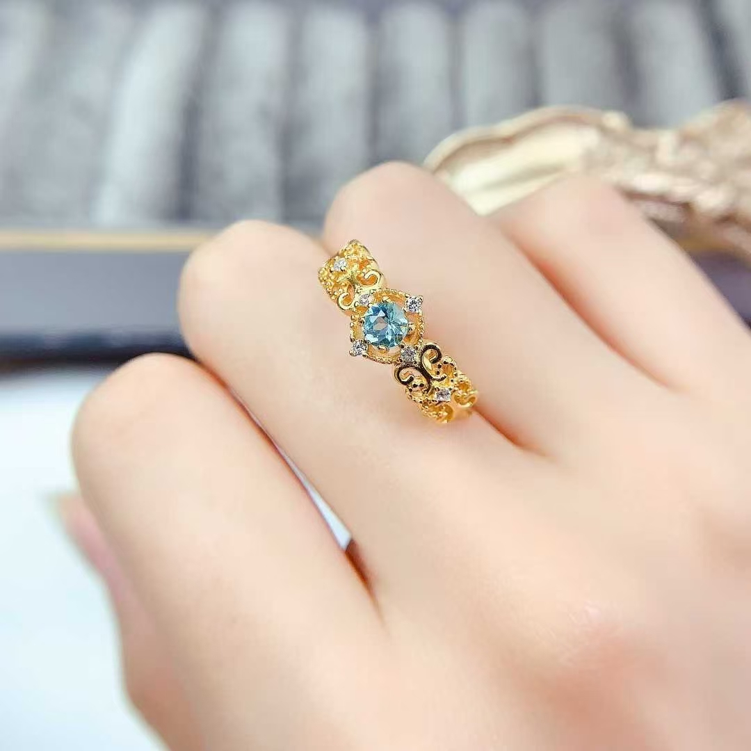 Sterling silver ring jewelry natural topaz ring 4mm VVS grade 925 silver ring with 3 layers 18K gold plating