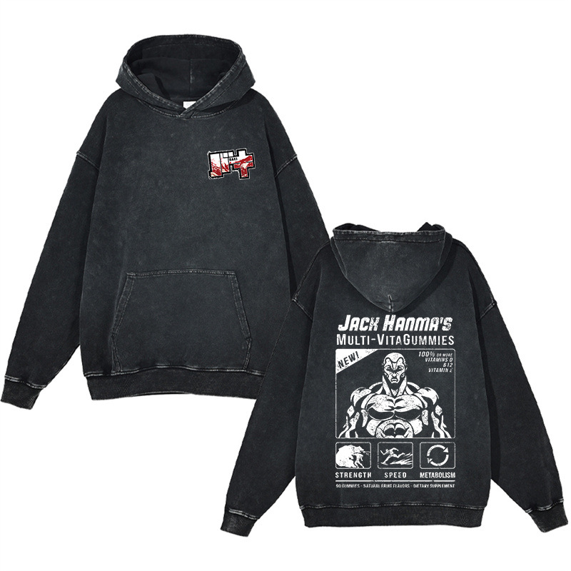 440g Heavyweight Cotton Pre-Washed Distressed Finish Baki Hanma Anime Street Retro Hoodie - TT8306