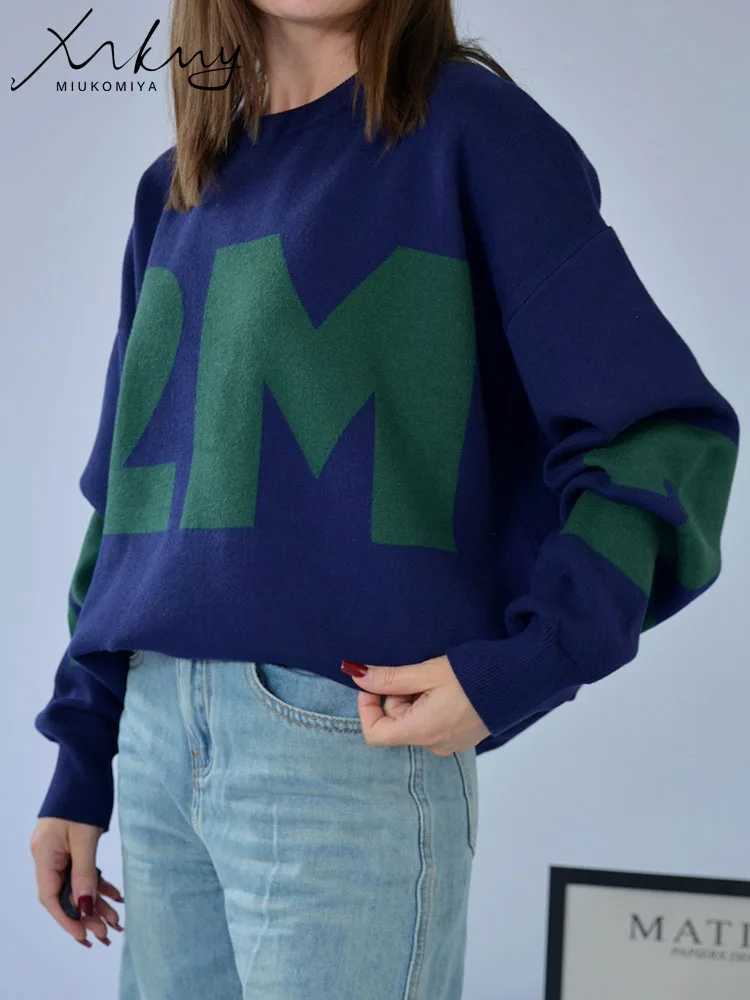 Navy Blue Oversize Letter Sweater Women Crewneck Casual Knitted Loose Pullovers With Letter Green Sweater For Women Winter M250904