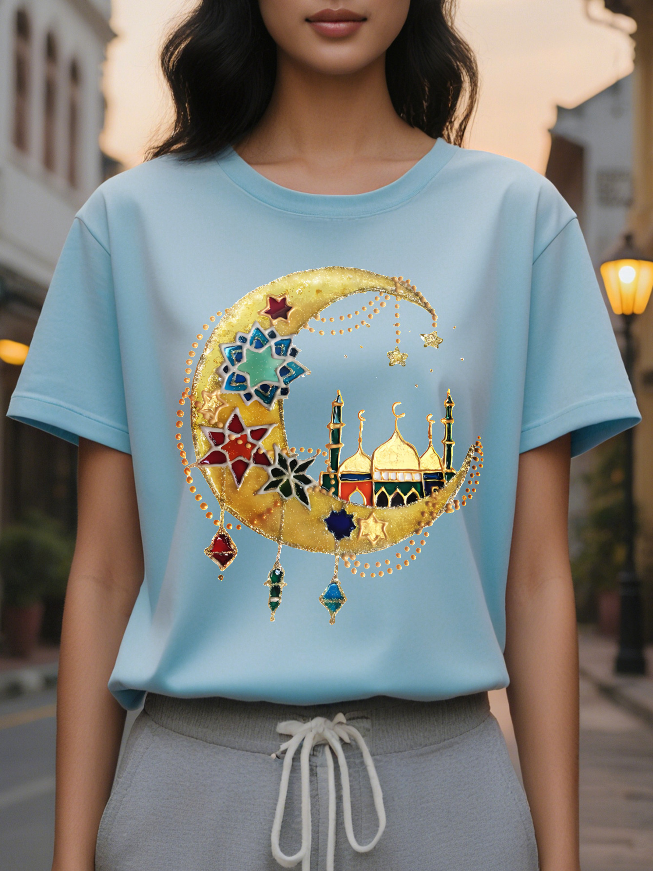 Middle Eastern Desert Ramadan Islamic Print T-Shirt Casual Short Sleeve Round Neck Top Fashion All Season Women's Wear