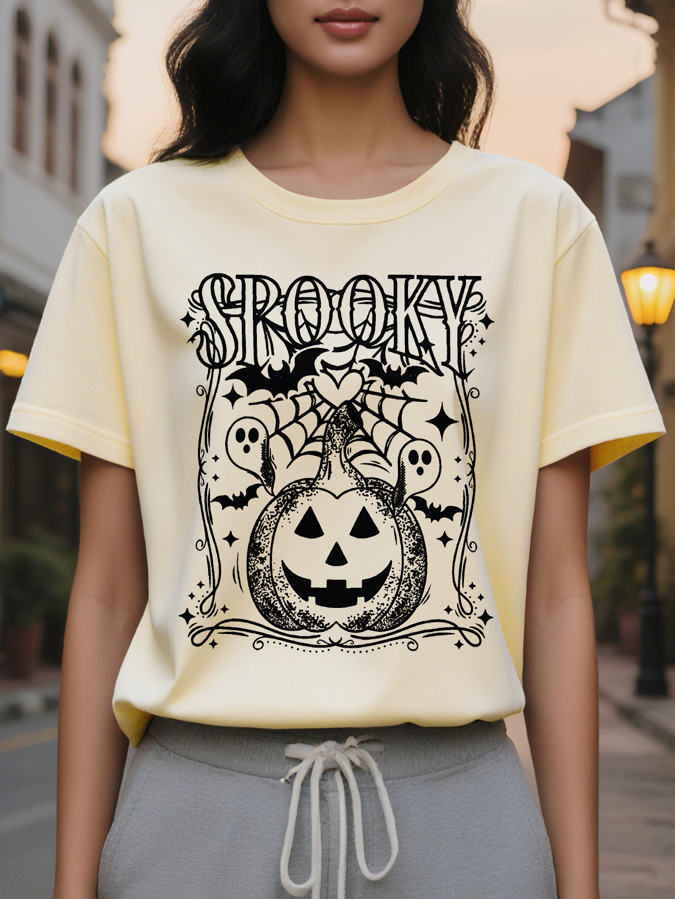 Large XL Women S Pumpkin Graphic T-Shirt Olive Green Spooky Tee with Jack O Lantern Soft Round Neck Casual Top for Party Plus Size