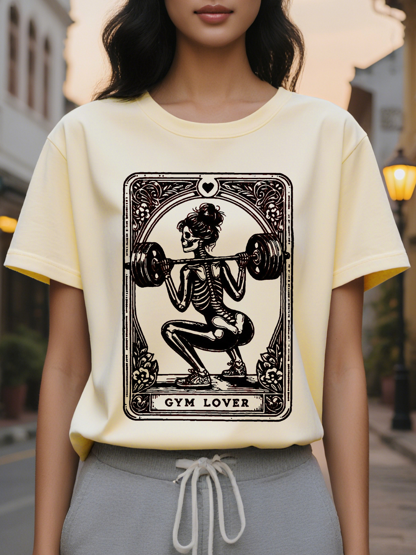 GYM LOVER ladies pattern T-shirt with skull weightlifting design in bright pink, casual loose fit suitable for gym daily wear