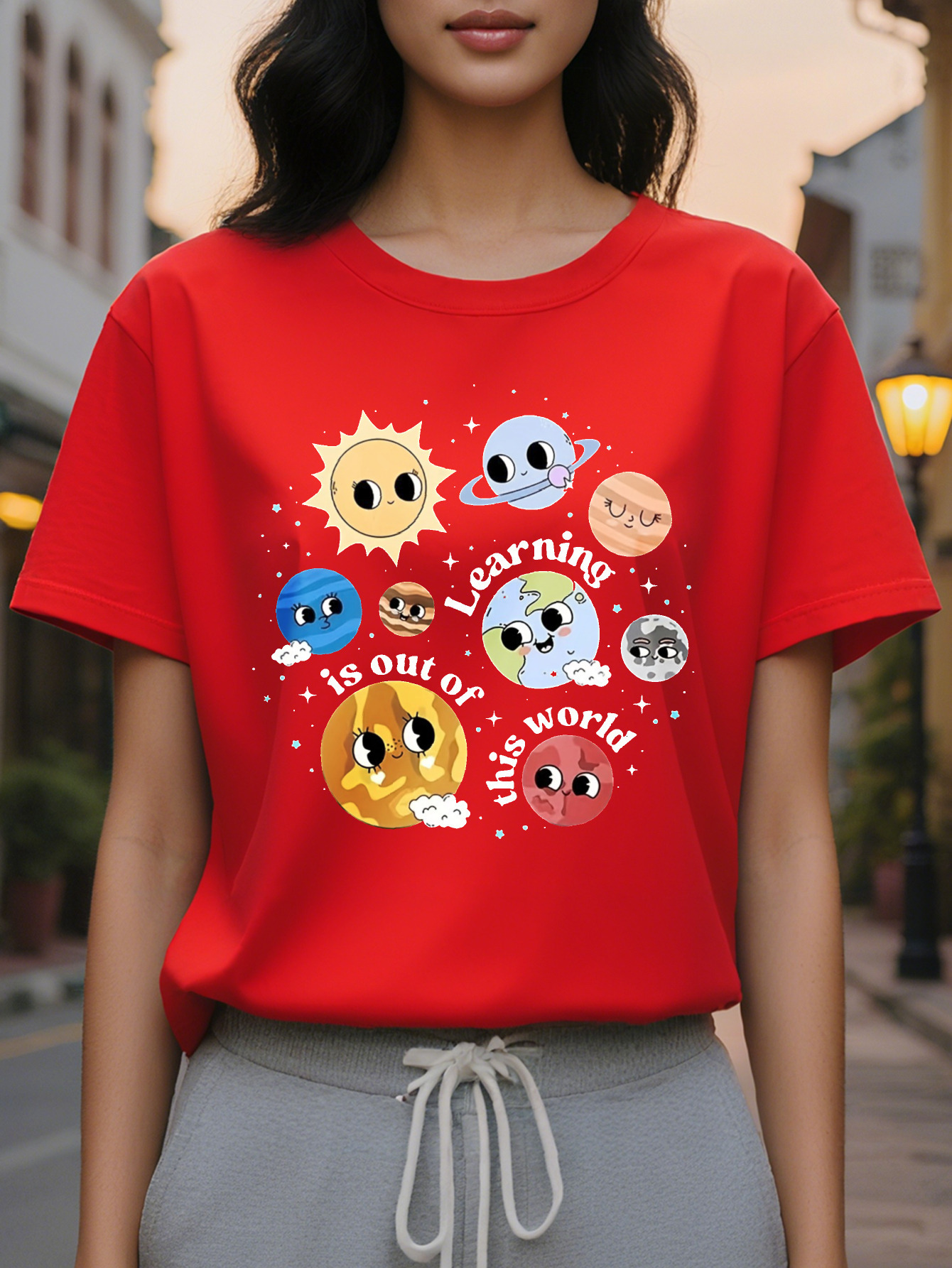 Planet Print Crew Neck T-shirt Short Sleeve Casual Top for Spring Summer Women's Clothing