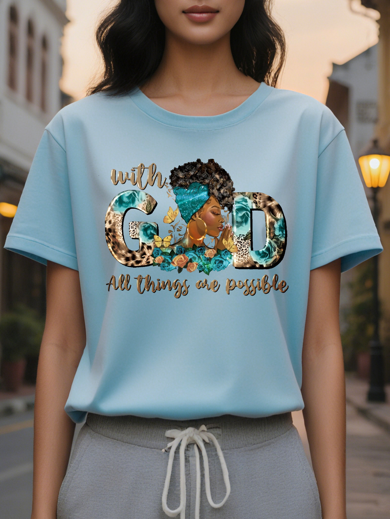 Large XL Vibrant Cartoon GOD Print T-Shirt Soft Mid Elasticity Cotton Crew Neck Casual Top for Spring Summer Fall Plus Size