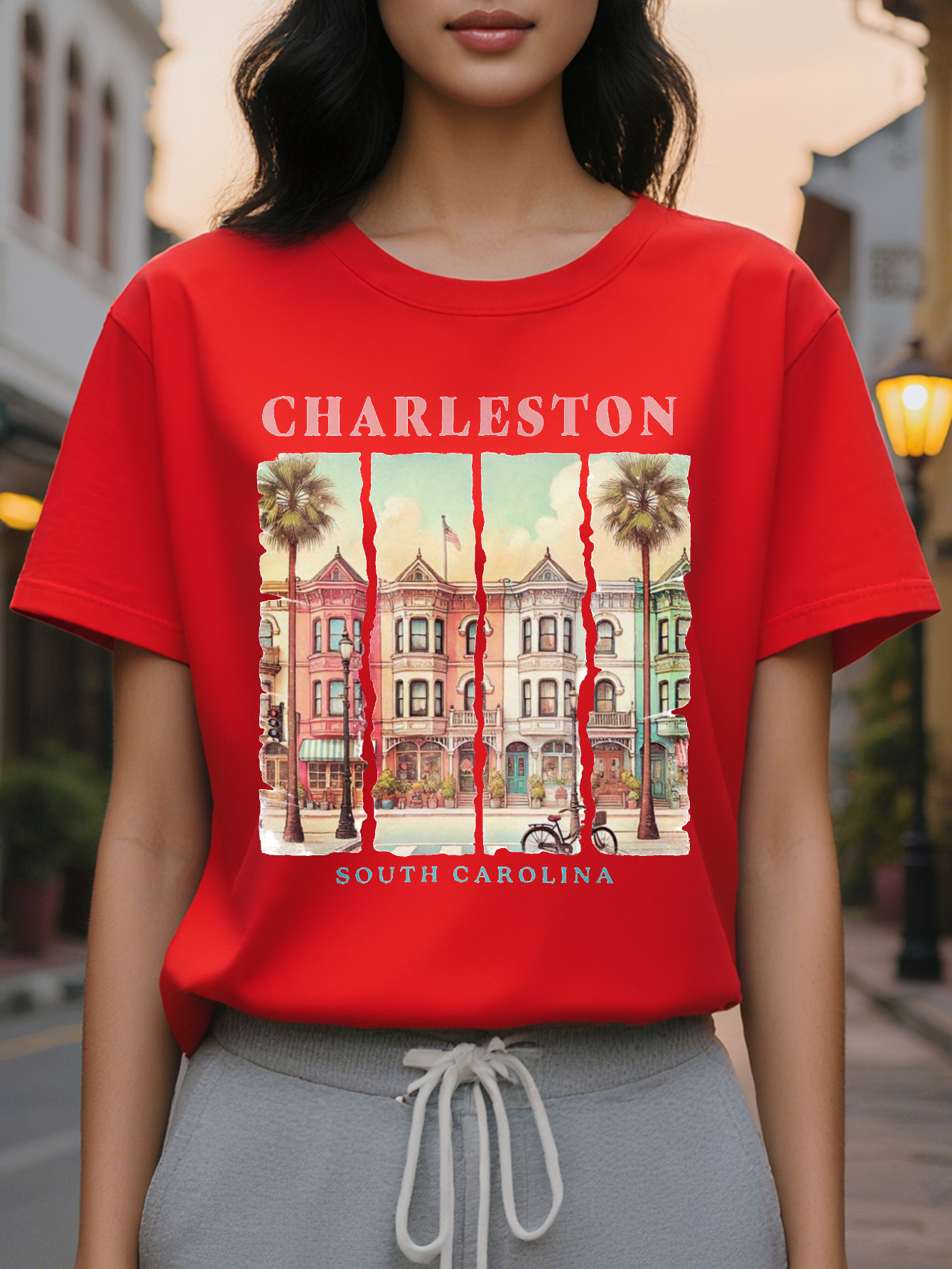 Women's Charleston T-shirt Soft Pink Green Historical Building Pattern Short Sleeve Jacket Southern Charm Casual Round