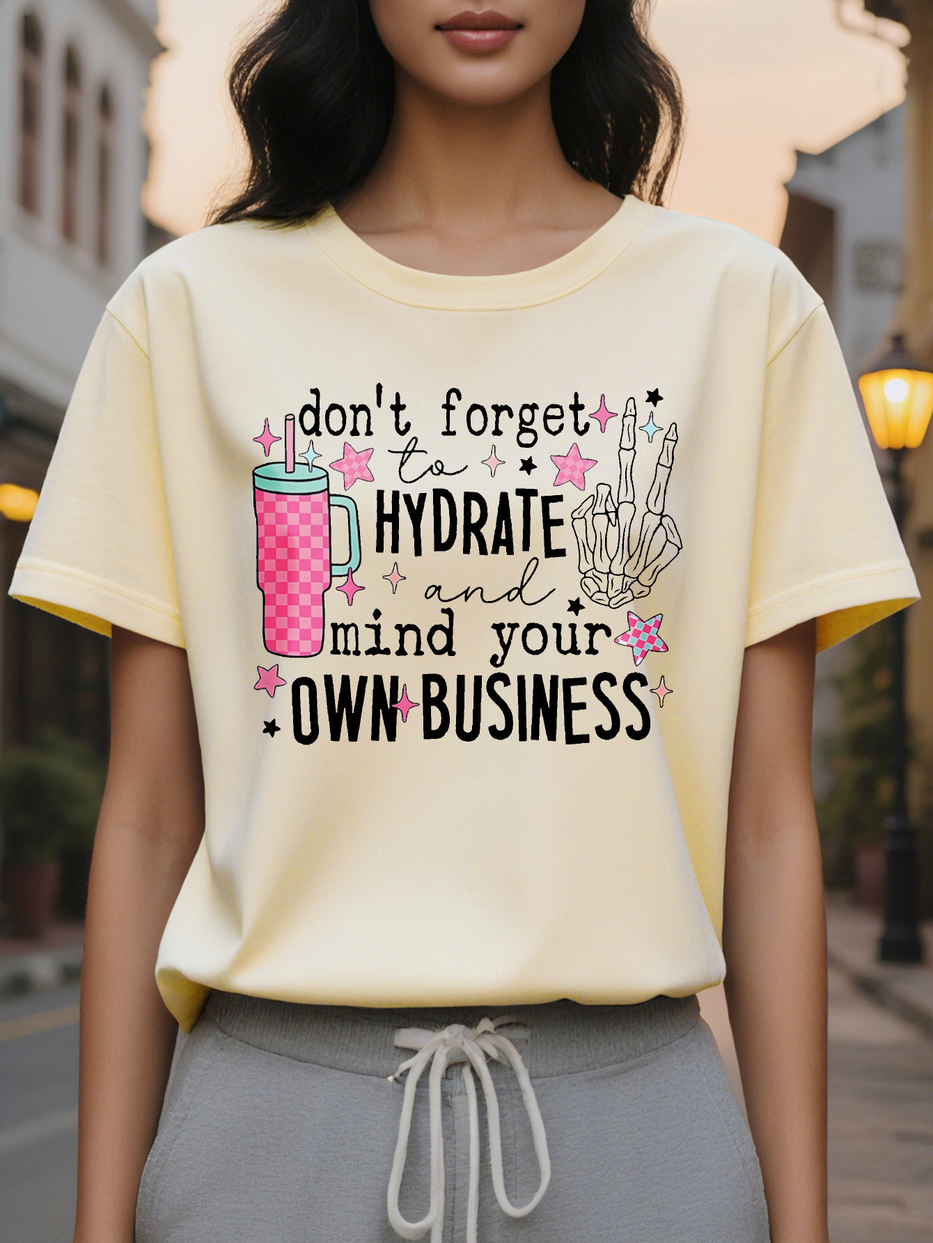 Ladies Don't Forget to Replenish Water Take Care of Yourself Pattern T Shirt White Short Sleeved Round Neck Jacket