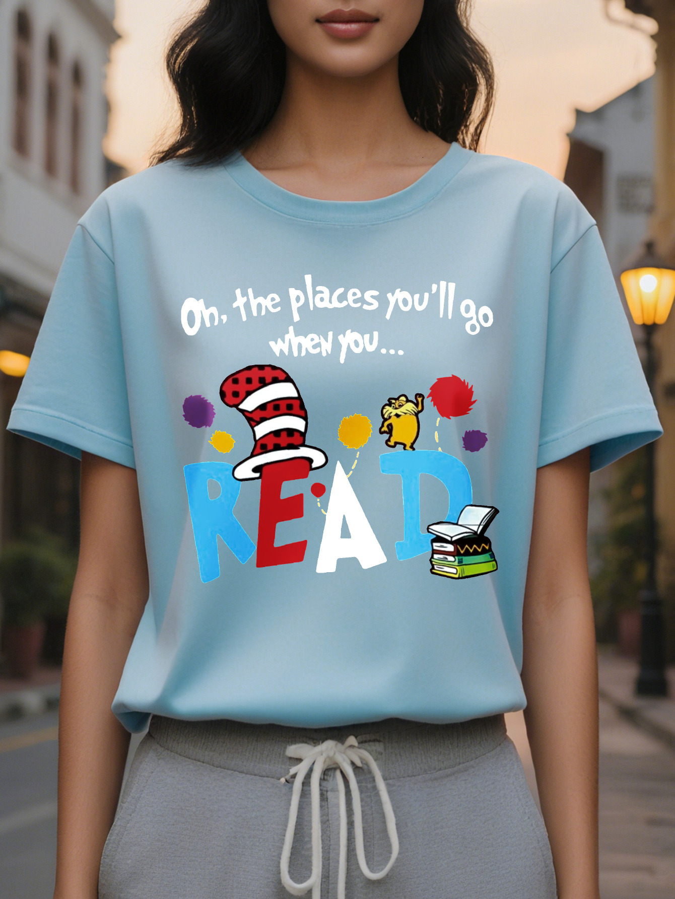 Large XL Women's Casual Short Sleeve T-Shirt Vibrant Orange Cartoon Letter Print with Book Cat On the Places You'll Go Graphic Plus Size