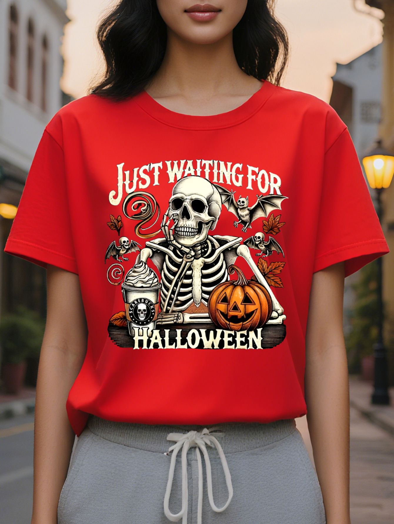 Women's Graphic T-Shirt Spooky Skeleton Jack O Lantern Print with Just Waiting Halloween Slogan Round Neck Short
