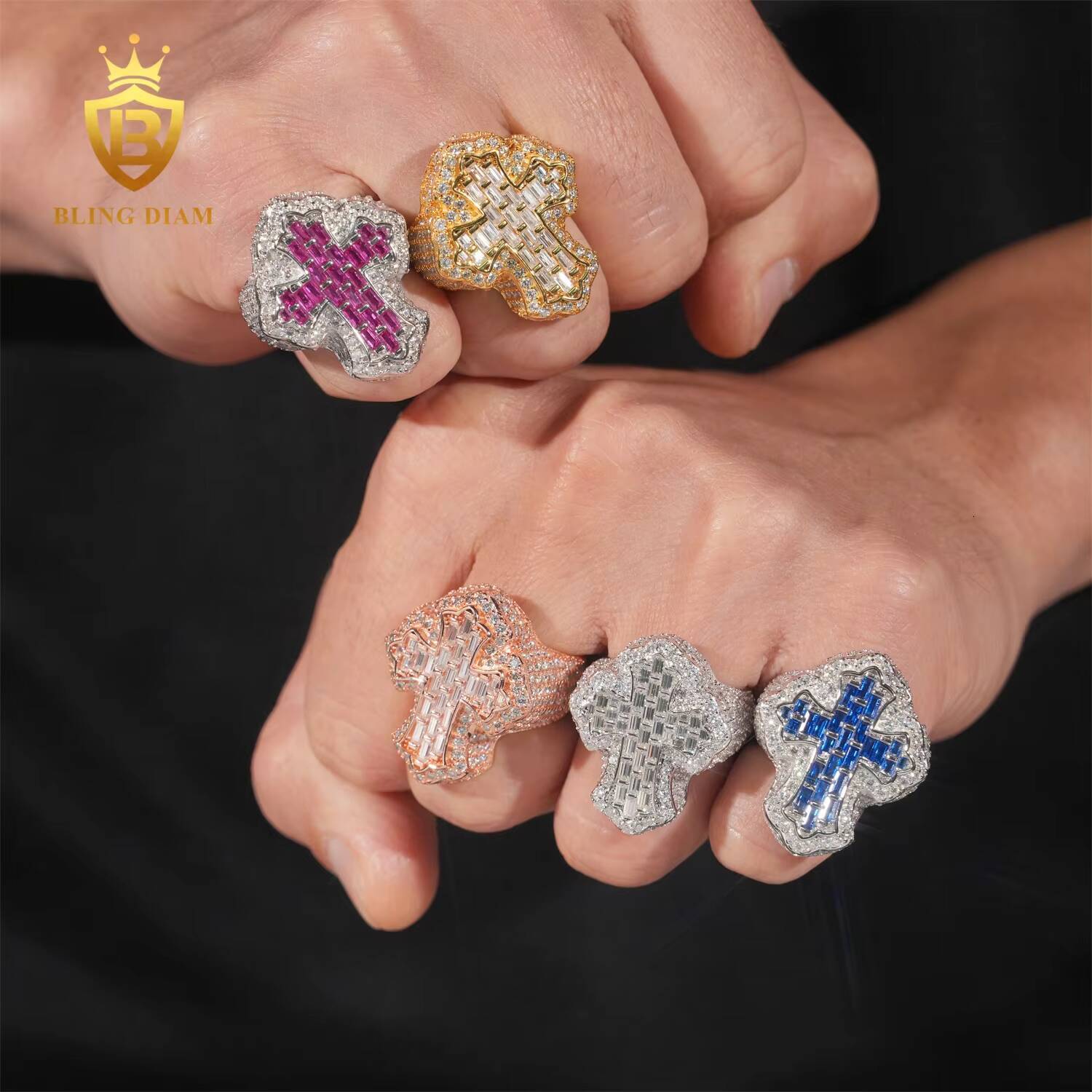 New Arrivals Wholesale Price Iced Out Jewelry Hip Hop Baguette Sapphire Corundum 925 Silver VVS Moissanite Ring