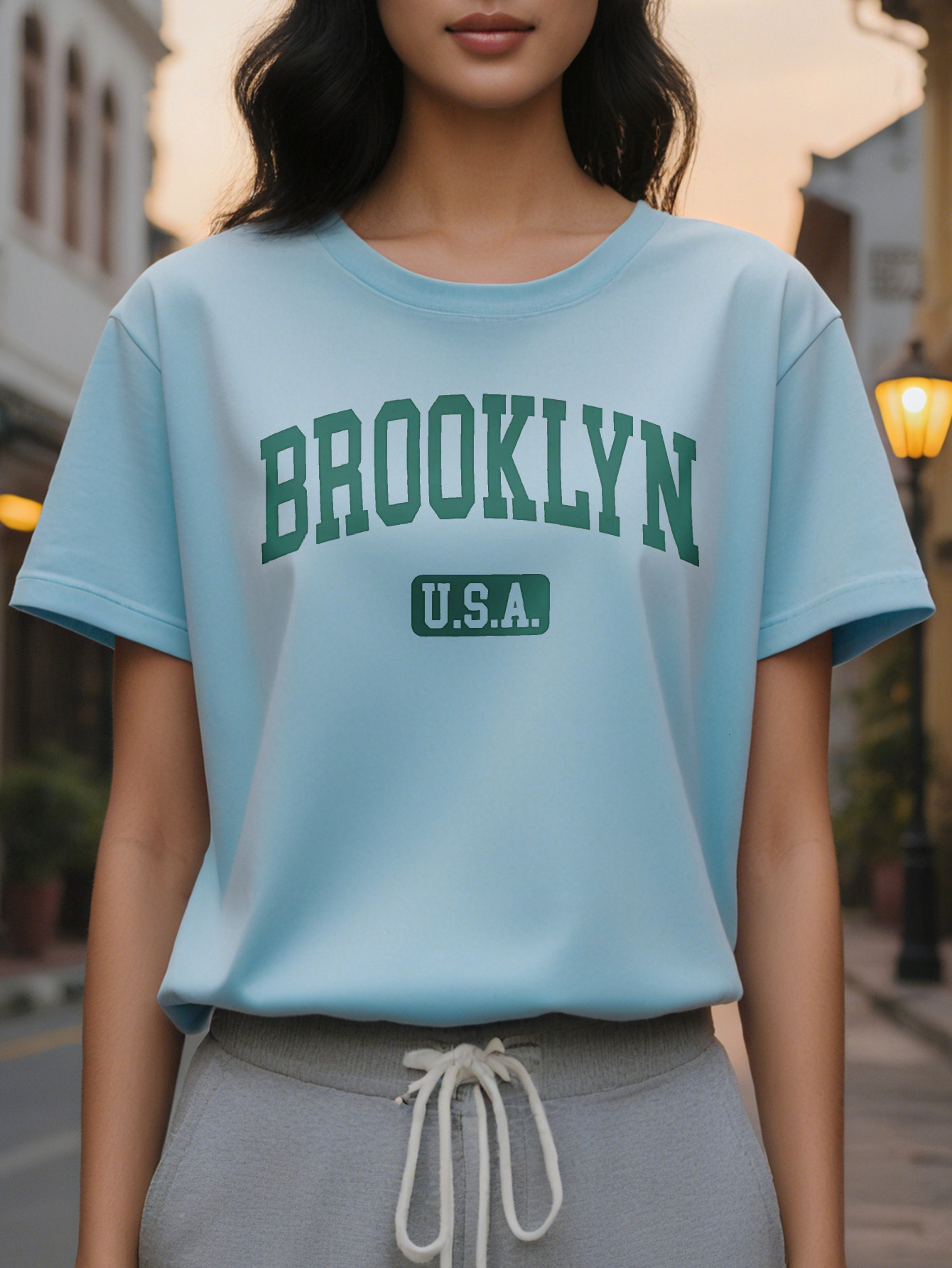 American print T-shirt, short sleeve, round neck, casual top for summer and spring, women's clothing