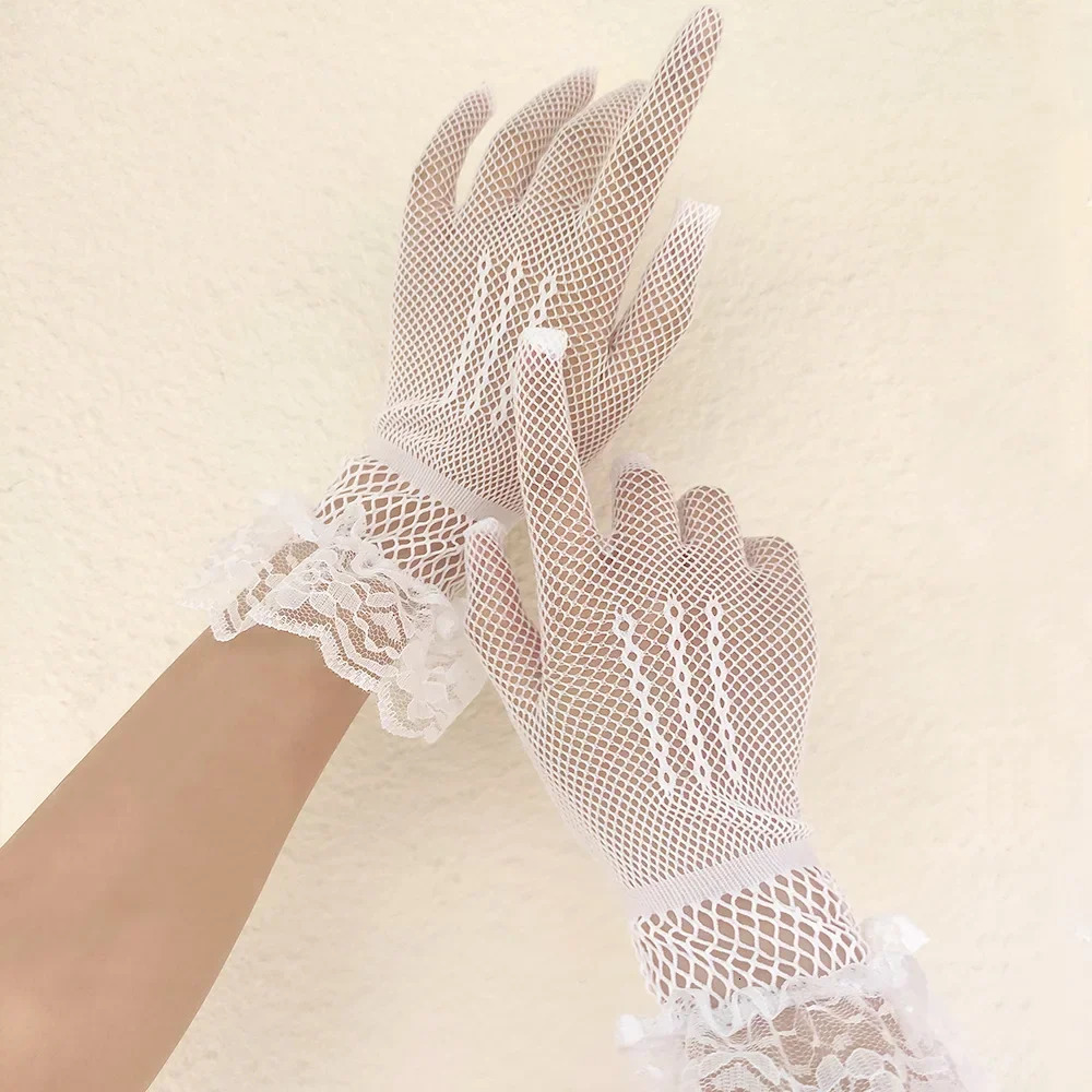 Black White Summer Uvproof Driving Gloves Female Thin Fishnet Mesh Gloves Fashion Ruffle Full Finger Lace Mittens250904