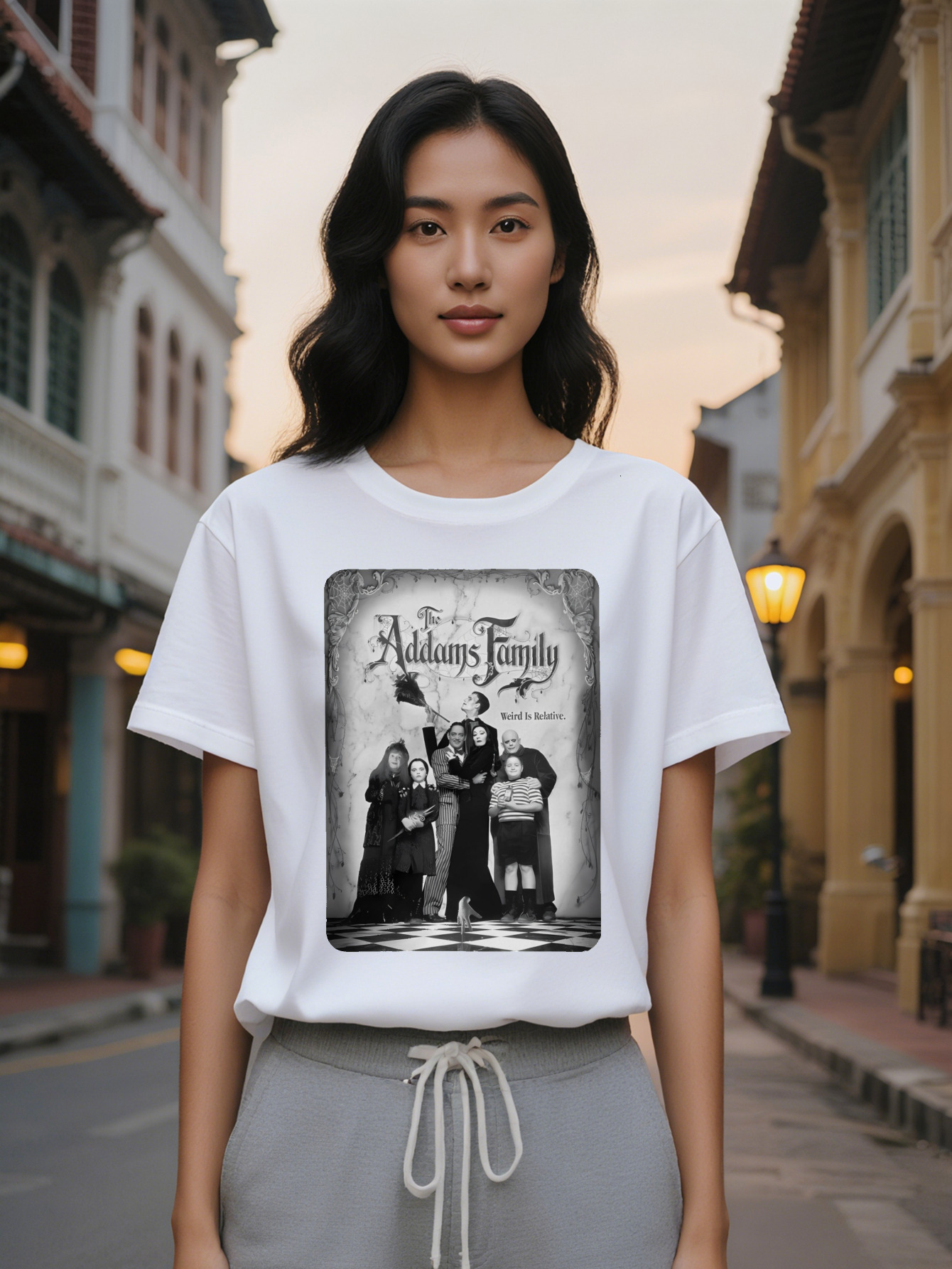 Large XL Casual Crew Neck T-Shirt The Addams Family Weird Is Relative Print Pattern Top Lady Gift Plus Size