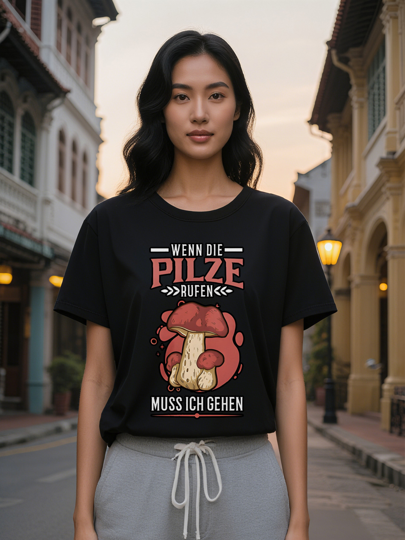 Large XL Graphic T-Shirt with Cartoon Mushroom Print Black Background Red Beige Design Round Neck Summer Tee Washable Plus Size