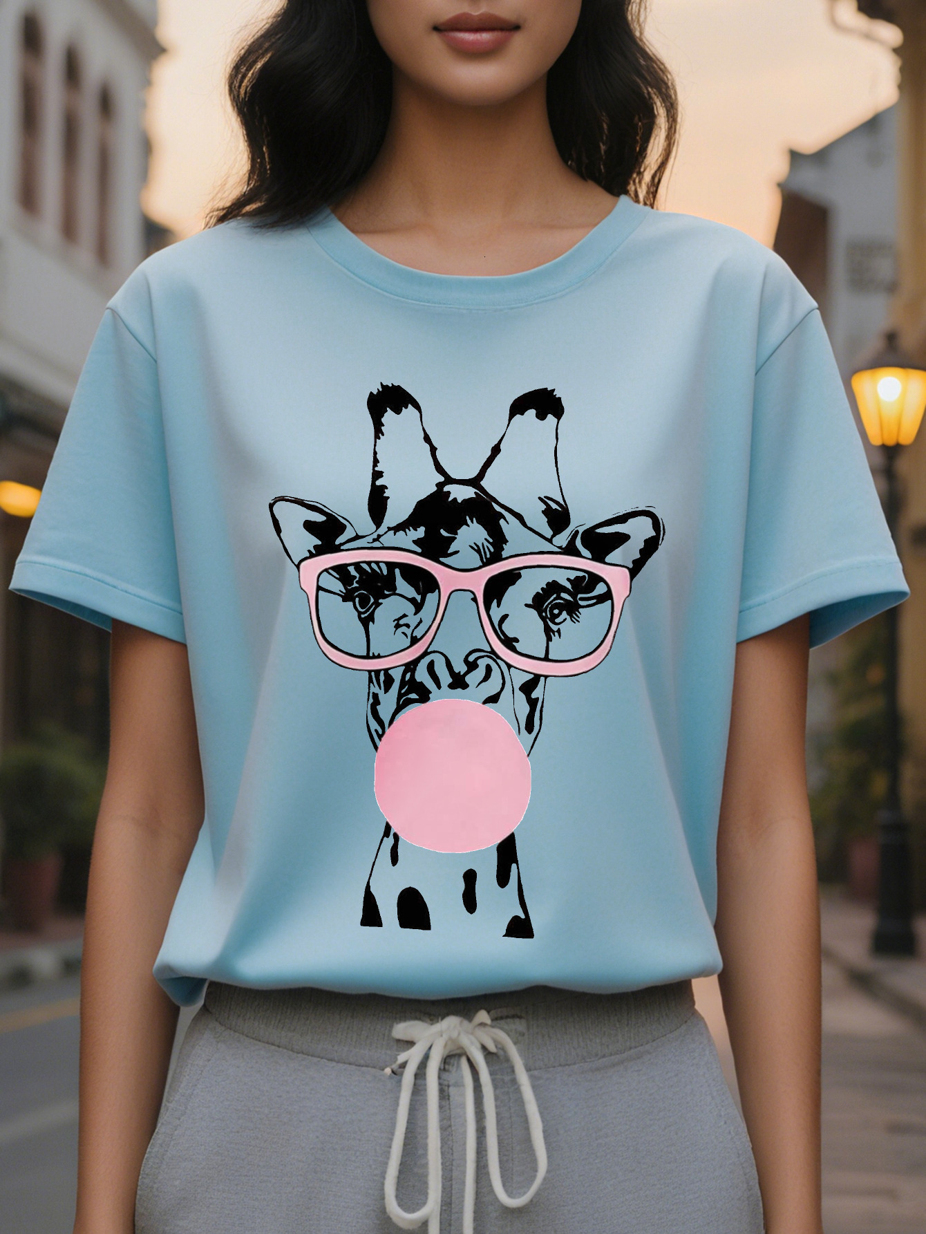 Ladies Cute Pattern Short Sleeve T-Shirt Funny Pink Glasses Bubble Gum Design Breathable Round Neck Casual Jacket