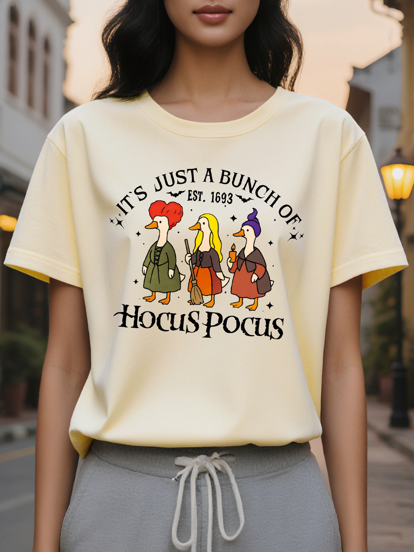 Women's Movie Quote Halloween T-Shirt It's Just a Bunch of Hocus Pocus Graphic Tee with Witch Design Soft Round Neck