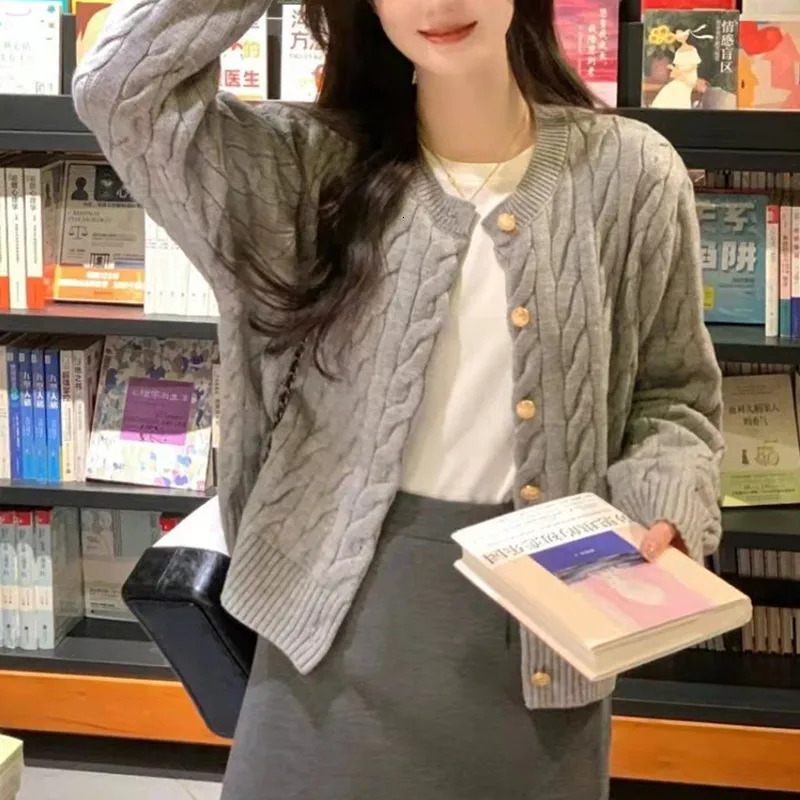 Vintage Long Sleeve Cardigan Women Sweater O-neck Elegant Knitted Top Fashion Autumn Grey Knitwear 250815