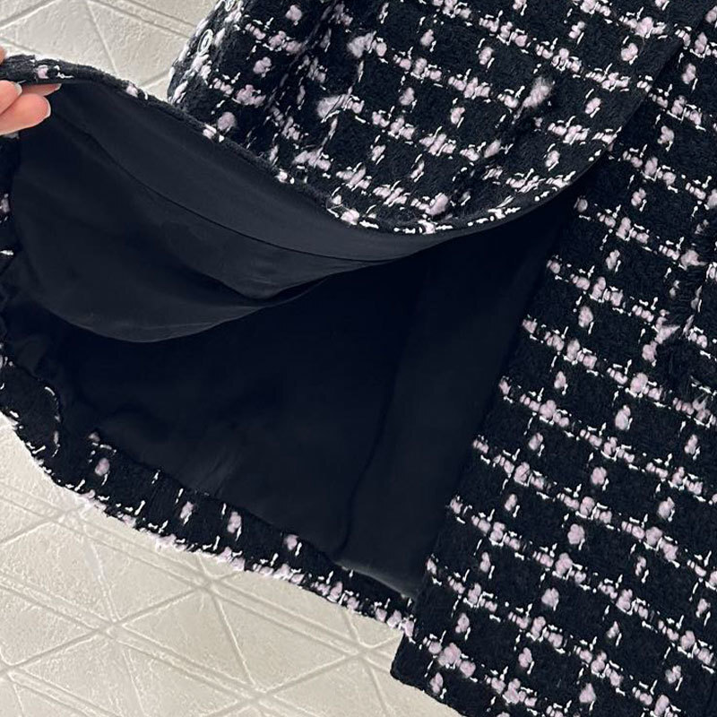 Luxury Retro Oversized Ladies Woven Check Long Coat Dress, Stand Collar Button Down Wool Blend Jacket, Fringe Detail Elegant S0909