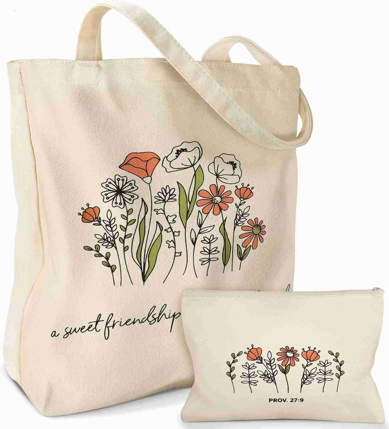 2 Pack Canvas Tote Bag with Makeup Zipper Pouch for Women Bag for Shopping Gym Travel VacationW250904