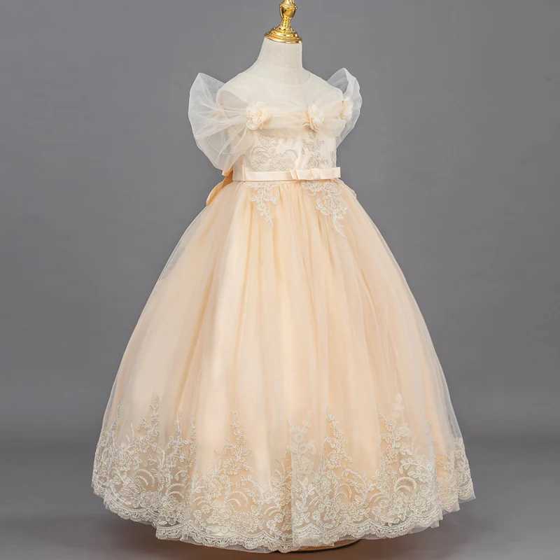 A96 Childrens Dress Girls Princess Sequin Bubble Sleeve Long Mesh Flower Girl Wedding Gown Z250904