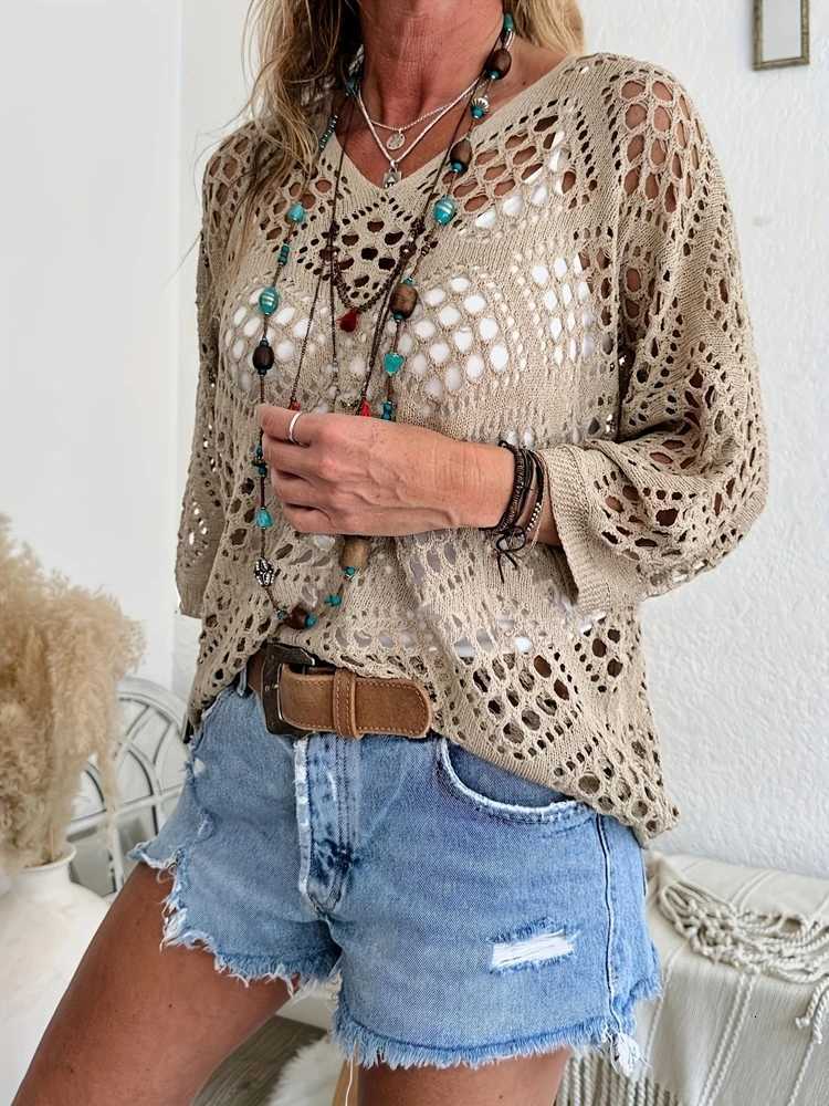 Fashionable and elegant large perforated top womens hollow knit sweater versatile sweater M250904