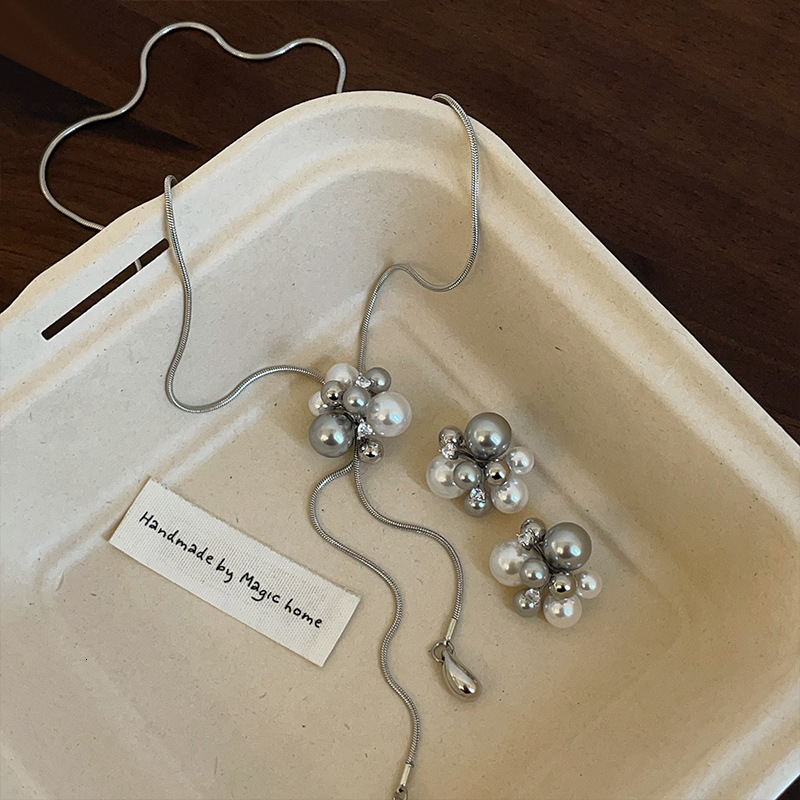 Unique Design Fireworks Pearl Pull Necklace Stud Earrings for Women French Style Personality Versatile Choker Sweater Chain