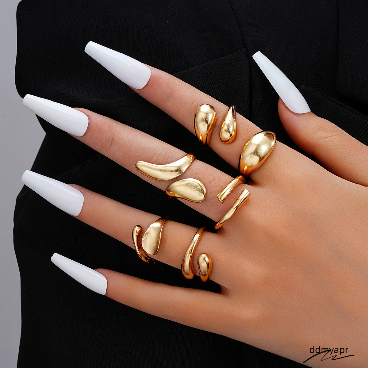 Explosive Irregular Droplet Niche Metal Texture Smooth Exaggerated Geometric Opening Ring, 6-Piece Ddmyday Set Ddmyday