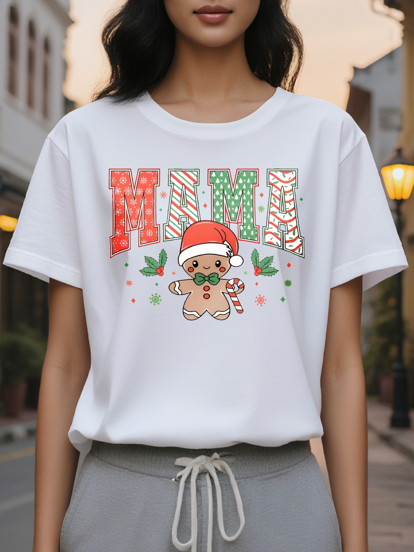 Large XL Women's Christmas Graphic Sweatshirt with Gingerbread Man Mama Lettering Beige Casual Round Neck Pullover Plus Size