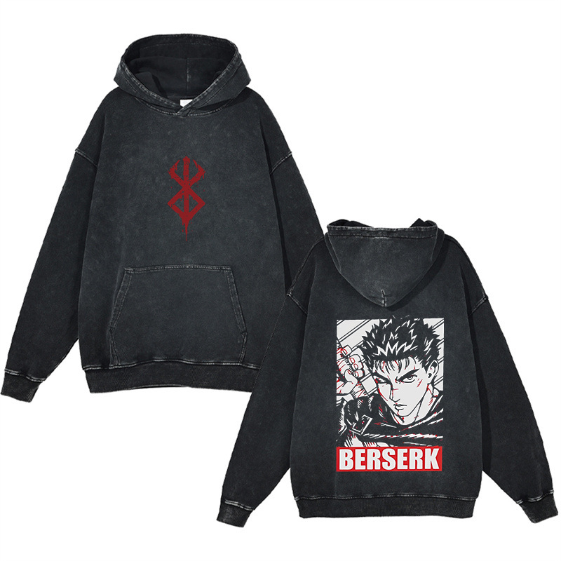 Heavyweight Cotton Washed Vintage Finish Berserk Anime Street Retro Hoodie - TT8313