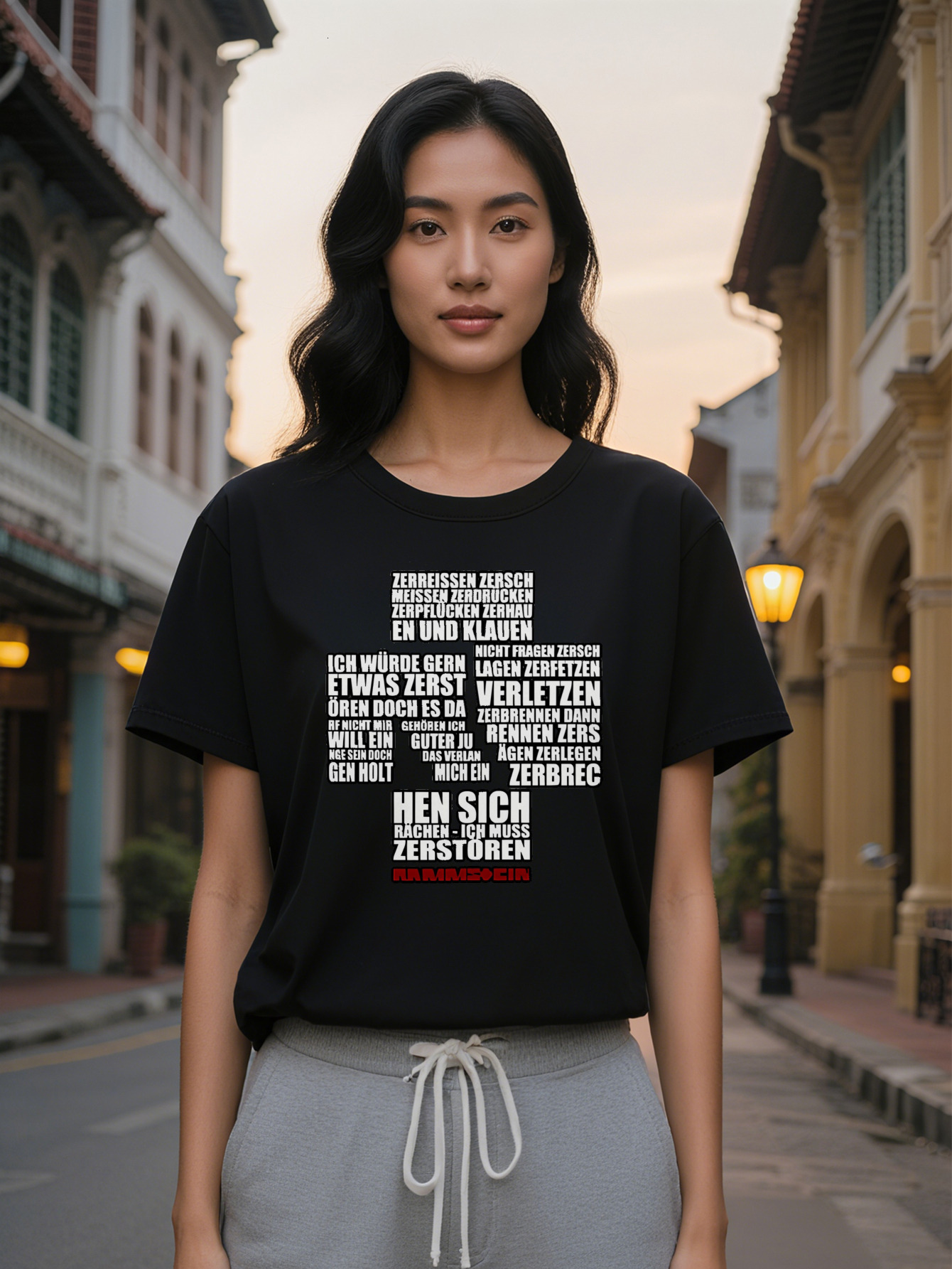 Large XL T-Shirt with Bold Red White Letter Print Black Round Neck Summer Tee Regular Fit Washable Top Casual Attire Plus Size