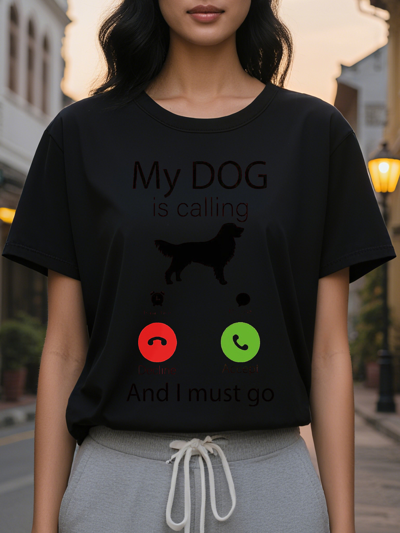 Large XL PC Women S Casual Crew Neck T-Shirt with My Dog Is Calling Print Cotton Rayon Blend Regular Length All Season Knit Plus Size