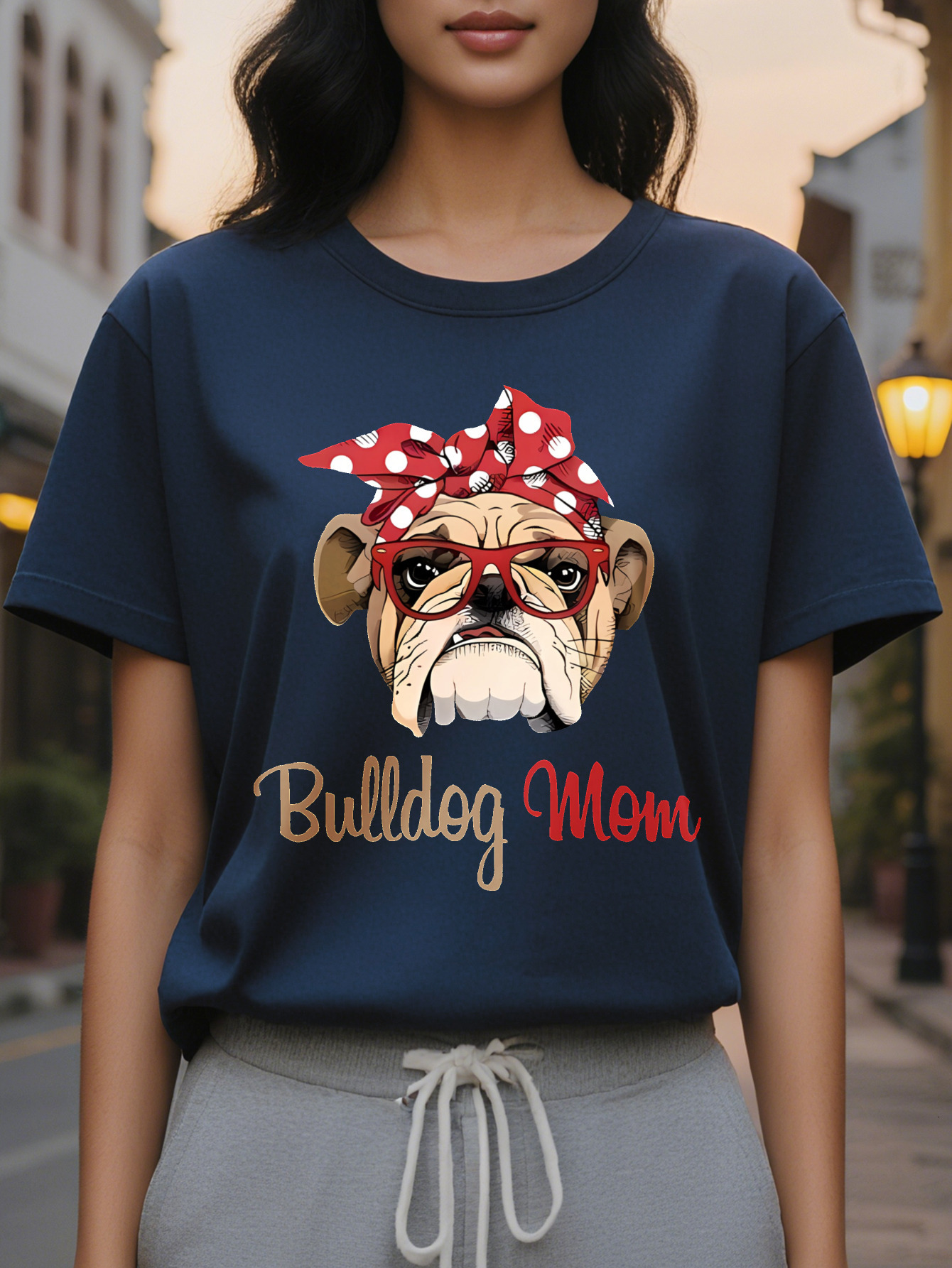 Women S Casual Cotton T-Shirt Pug Bulldog Mom Graphic Crew Neck Short Sleeve Regular Fit SpringSummer Knit Fabric