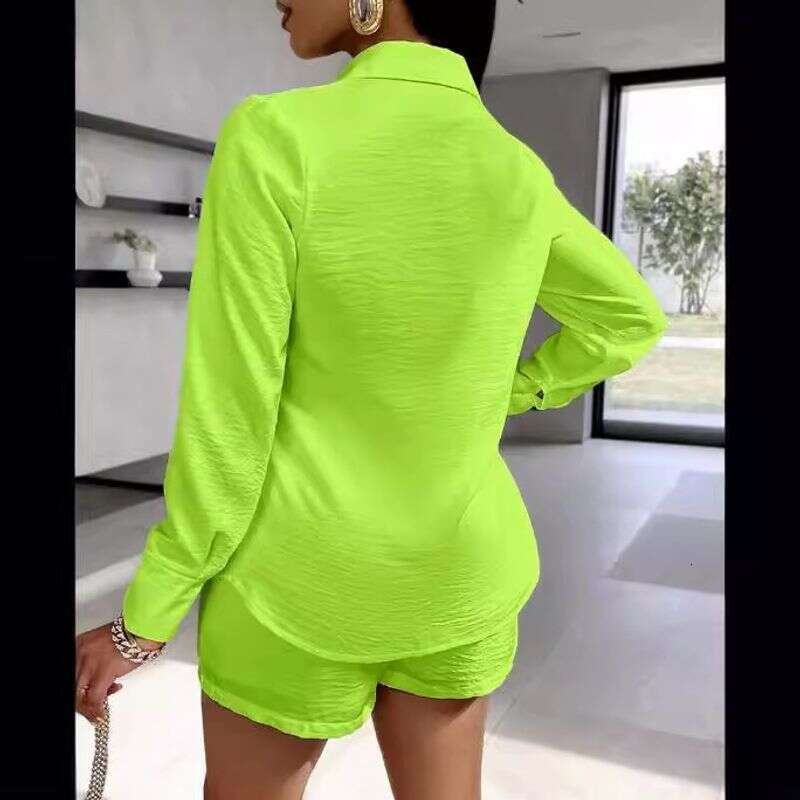 Women's Clothing Elegant Solid Color Pocket Long Sleeved Shirt + Shorts Suit Two Piece Set