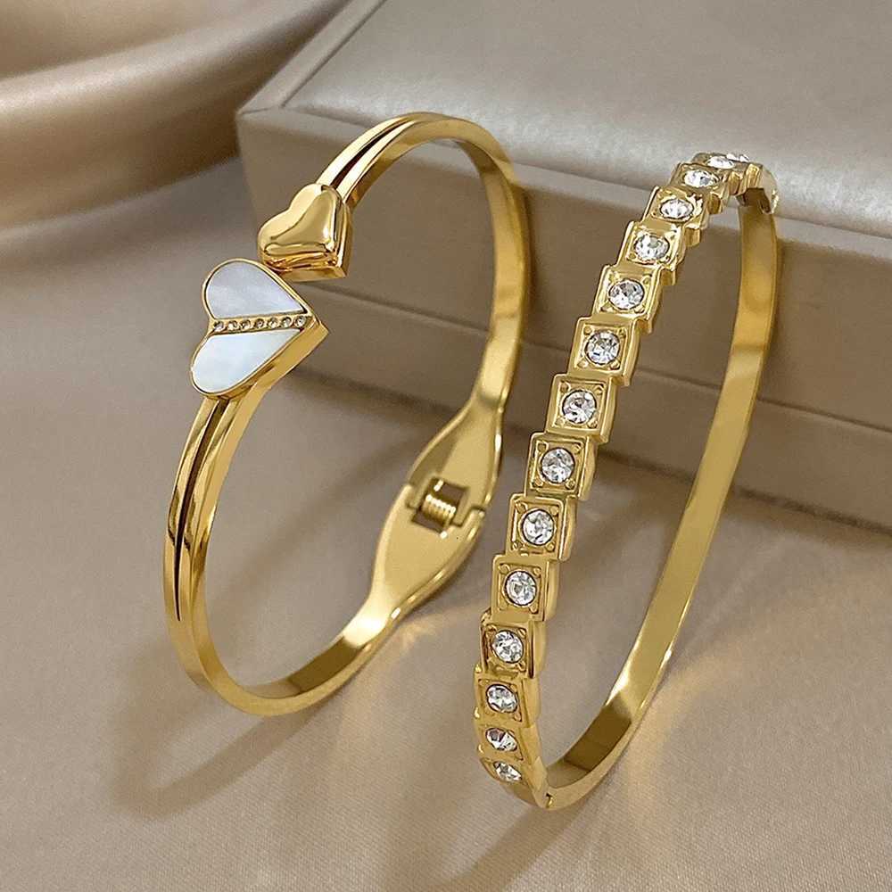 Stainless Steel Shell Square Rhinestone Open Cuff Bangles Set for Women Men Fashion Gold Plated Bangles Bracelets Y250904