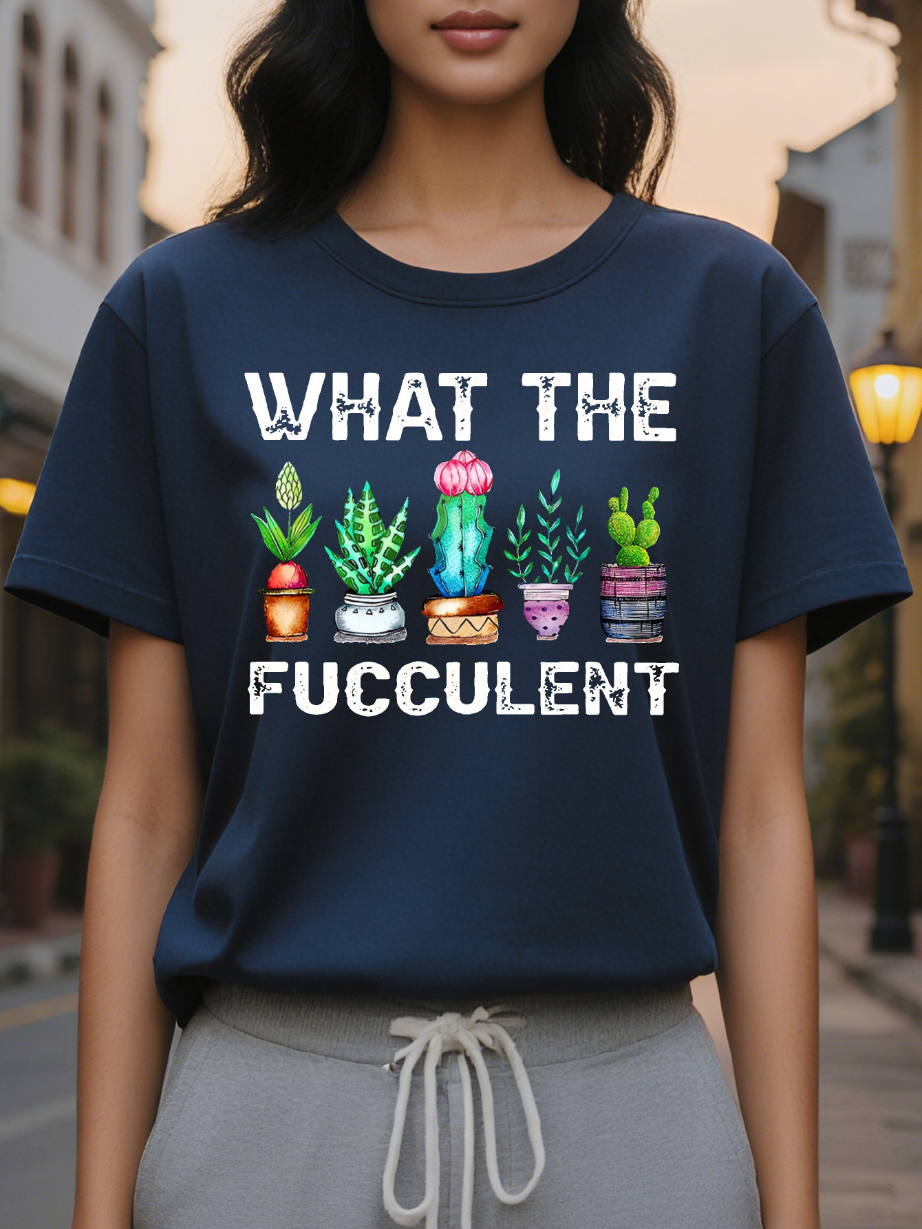 Playful Olive Green Women's Casual Short Sleeve T-Shirt WHAT THE FUCCULENT Graphic Print with Potted Plants Medium