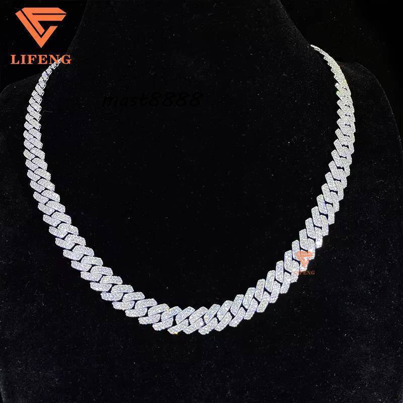 Lifeng Jewelry 10mm 2rows Moissanite Chain VVS Moissanite Diamond Cuban Link Chain Ice Out Hiphop 925 Silver Cuban Link Necklace