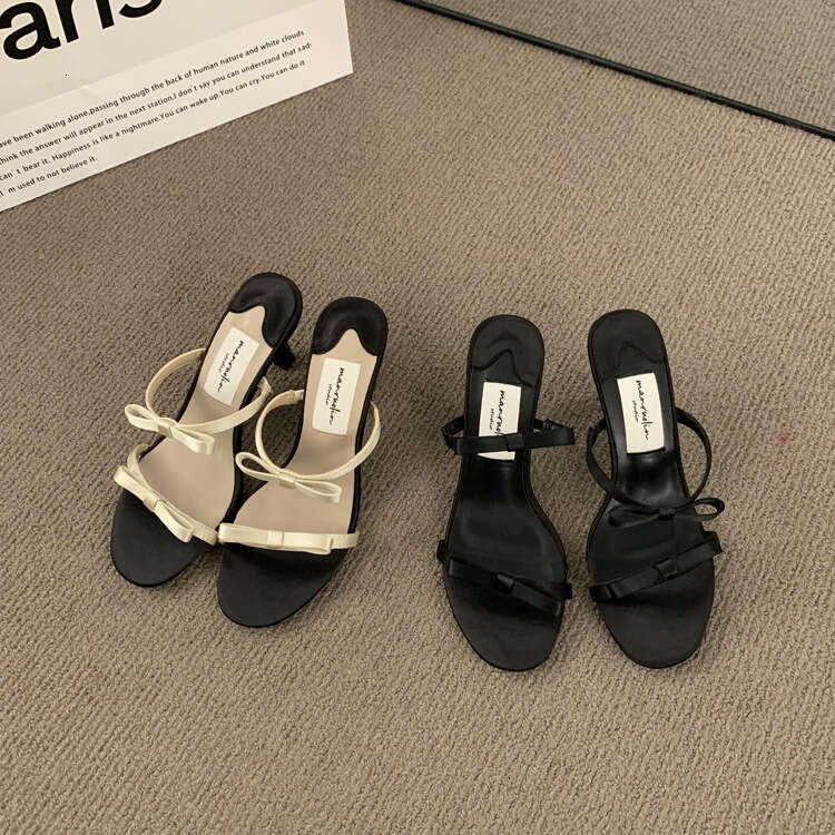 French Fairy Style Designer Shoe Bowknot Black High Heels Women's Stiletto Open Toe Strap Stunning Sandals