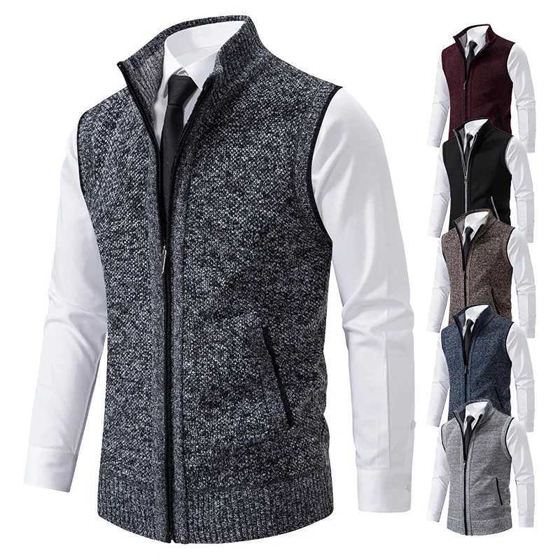 New Vest Mens Knitted Sleeveless Sweater Wool Velvet Zipper Cardigan Turndown Pullovers Turtleneck Sweatercoat Knit WaistcoatXJ250904