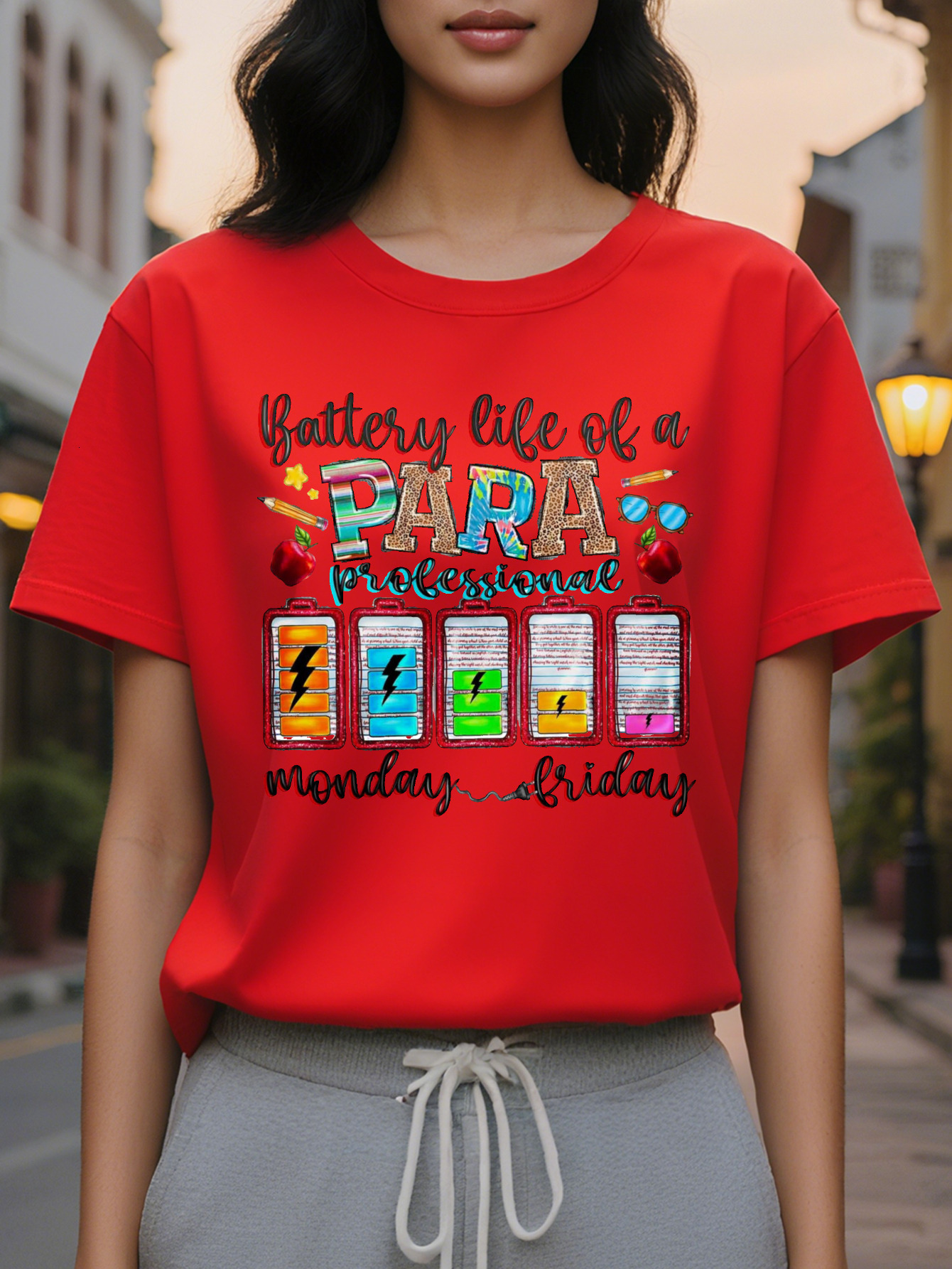 Women's White Semi-Professional Life Pattern Short-Sleeved T-Shirt Funny Battery Icon Letter Design Medium Stretch