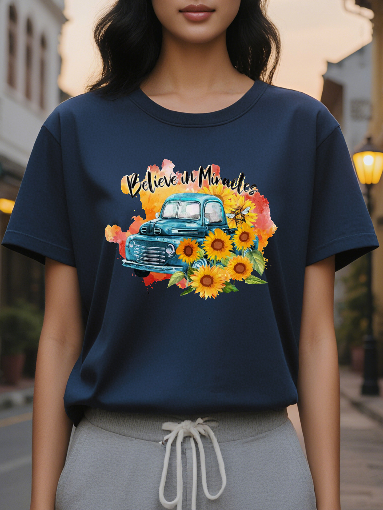 Women's Elegant Believe Miracles Pattern T-Shirt Short Sleeve Round Neck Summer Top with Vintage Car and Suower