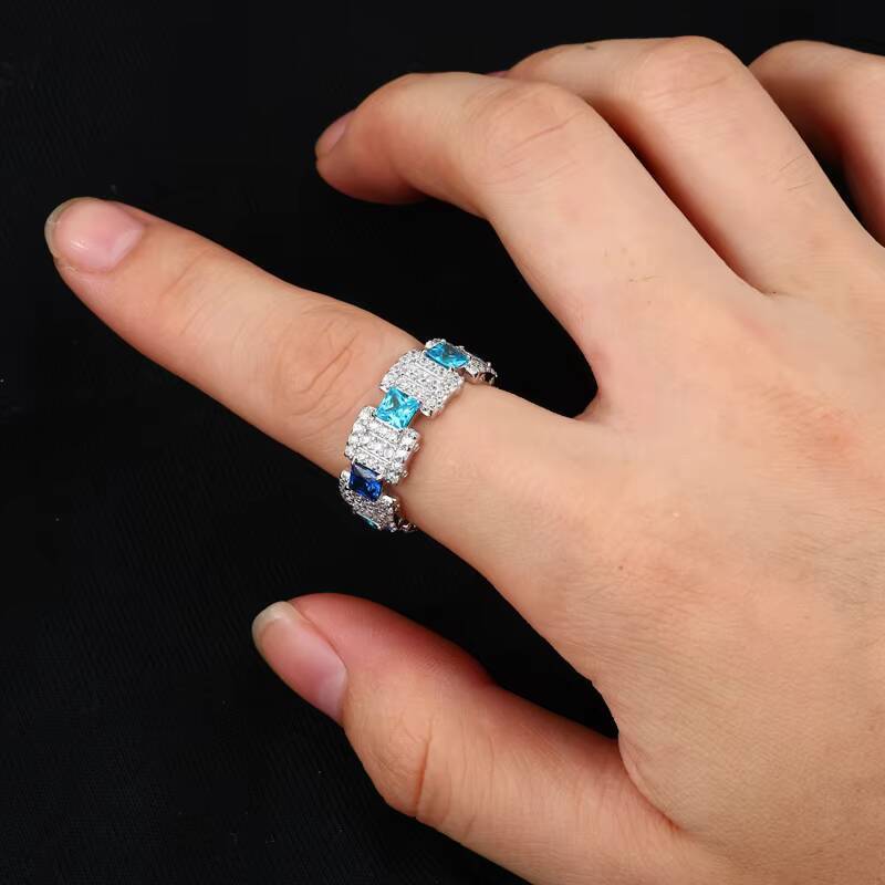 Hiphop Dainty Fine Jewelry Princess Cut 925 Sterling Silver Iced Out AAAAA Blue Moissanite Gemstone Rings for Men Women