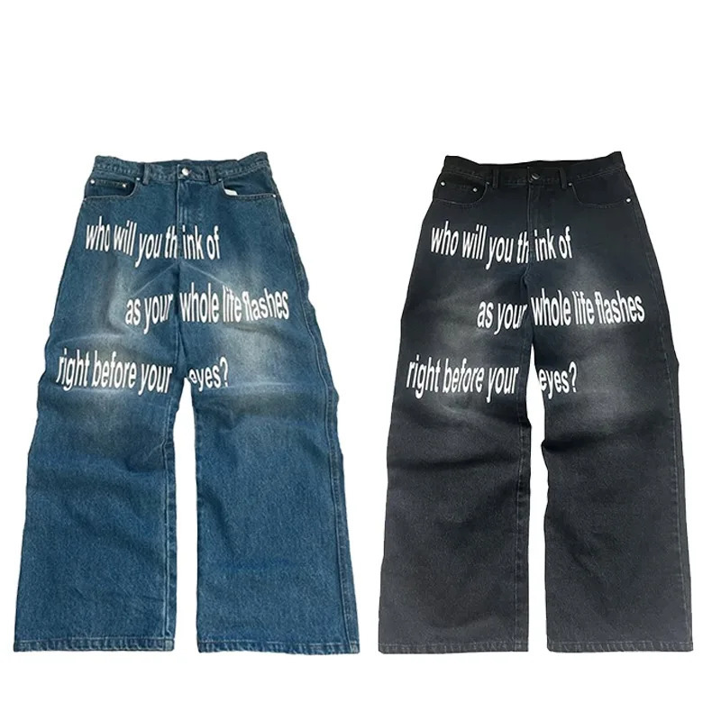 Y2K men Jeans Harajuku Pattern letter jeans Hip Hop streetwear women 2000s gothic fashion Casual aesthetic wide leg 250823