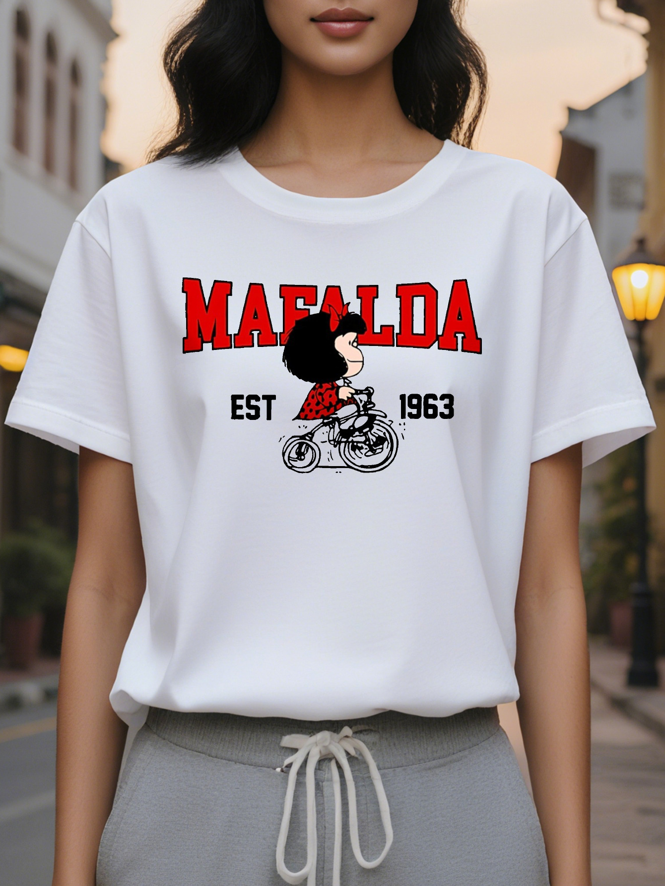 100% Cotton Ladies Vintage Printed T-Shirt Bright Pink MAFALDA Bike Pattern Loose Casual Short Sleeve Top Spring Summer